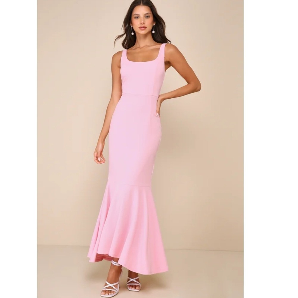 Lulus Romantic Destiny Light Pink Square Neck Trumpet Formal Maxi Dress XS